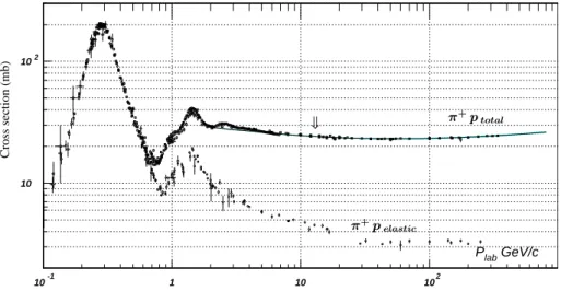 Figure 1.7 – Section efficace totale et élastique d’un pion sur un proton, en fonction du moment du pion.