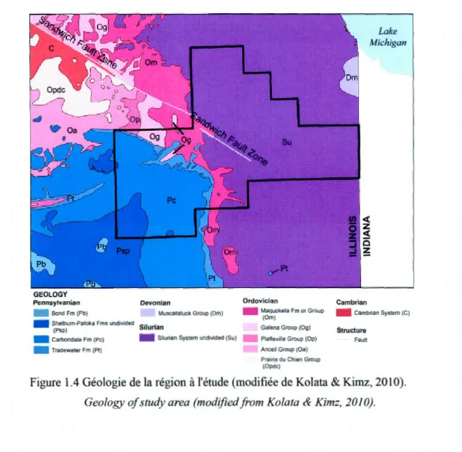 Figure  1.4  Géologie de la région  à  l'étude (modifiée de Kolata  &amp;  Kimz ,  2010)