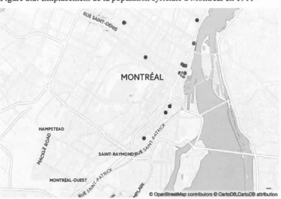 Figure 2.2:  Emplacement de  la  population syrienne  à  Montréal en 1911  HA M PSTEAO  g  ct&#34;  j  •  MONTRÉAL  • •  l  1 