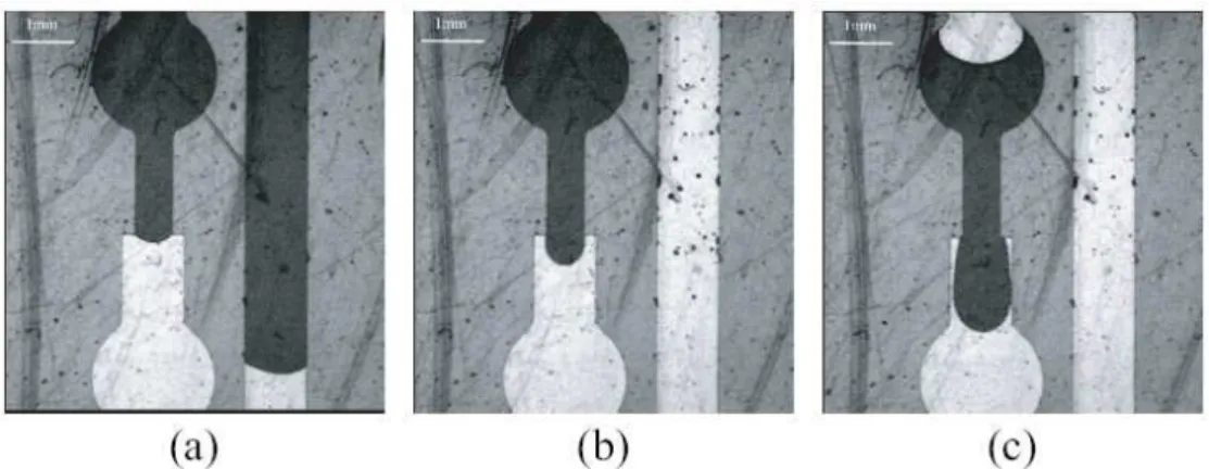 Figure 1.11: Image sequence of the bursting of a capillary valve, where the black part represents liquid