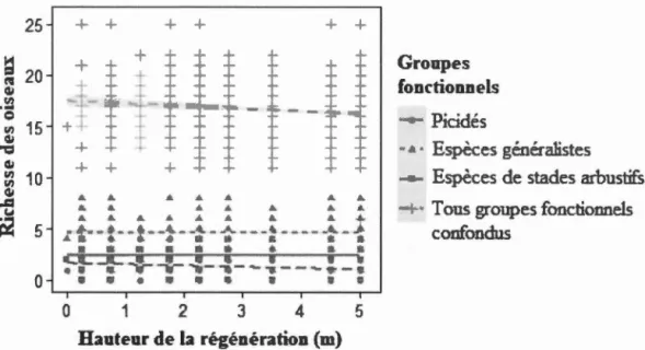 Figure  1.3  Relation  entre  la richesse des  oiseaux  de  plusieurs  groupes fonctionnels et  la  hauteur  de  la  régénération  de  la  végétation  des  parterres  de  coupe  adjacents  aux  habitats  linéaires  échantillonnés  en  forêt  boréale  mixte