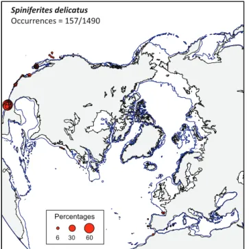 Figure 5. Distribution of Spiniferites delicatus in the n ¼ 1490 database: (a) Map of relative abundance in percentages relative to total dinocyst counts and (b) graphs of percentage vs