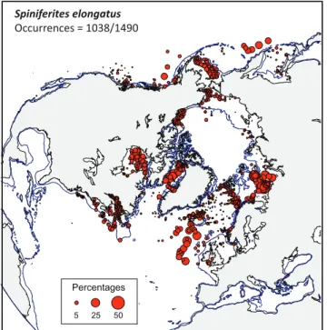 Figure 2. Distribution of Spiniferites elongatus in the n ¼ 1490 database: (a) Map of relative abundance in percentages relative to total dinocyst counts and (b) graphs of percentage vs