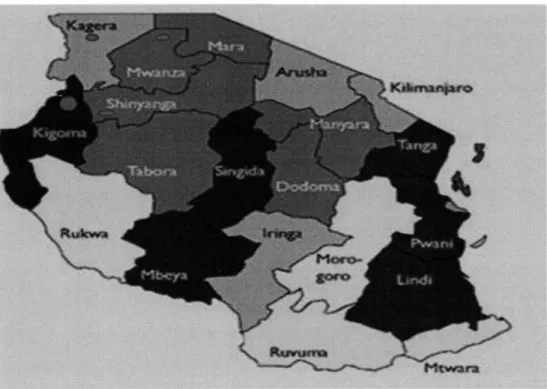 Figure 4.1  Les quatre principales zones de localisation des meurtres de PV  A  les plus  documentés en Tanzanie
