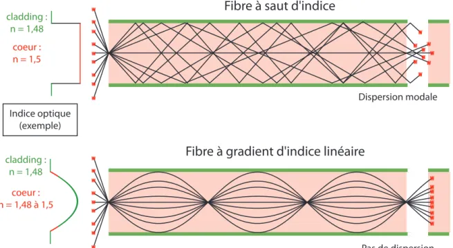 Figure 5.3 : Propagation de l’onde en fonction de l’angle d’incidence, dans une fibre à saut