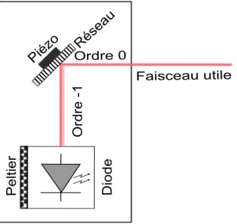 Figure 2.13  Schéma d'une diode sur réseau en conguration Littrow. La diode laser est placée près d'un réseau de diraction qui réinjecte l'ordre -1 dans la diode (la face d'entrée est traitée antireet pour éviter des eets de cavités couplées) et rééc