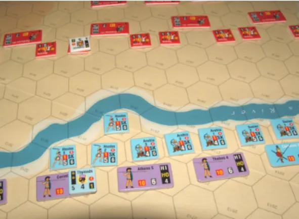 Figure 5. Exemple de reconstitution de la bataille d’Issus à Great Battle of Alexander  Dans la deuxième catégorie, nous retrouvons des jeux où ce sont les intersections de lignes  qui  servent  de  repères  pour  placer  les  pièces  comme  dans  le  cas 