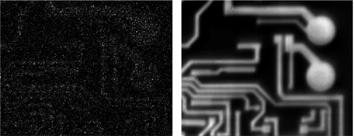 Figure II.2 : Images tomographiques  XY  obtenues simultanément en OCT  plein champ à 0,8 μm  gauche  et 1,3 μm  droite  d’un circuit imprimé imagé 