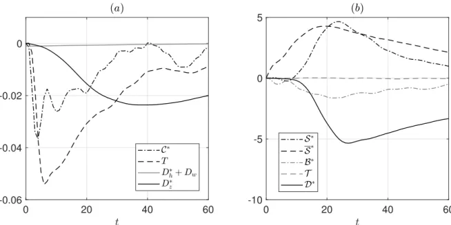 Figure 3.4: Source terms in (a) the kinetic energy budget (3.11) and in (b) the enstrophy budget (3.21)