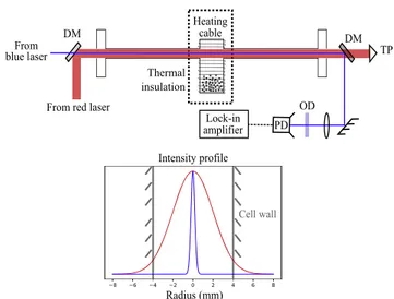 Figure 3. Overview of the hot vapor cell experimental setup. The heating cable wound around the strontium reservoir generates a magnetic ﬁeld oriented perpendicularly to the laser beam propagation axis