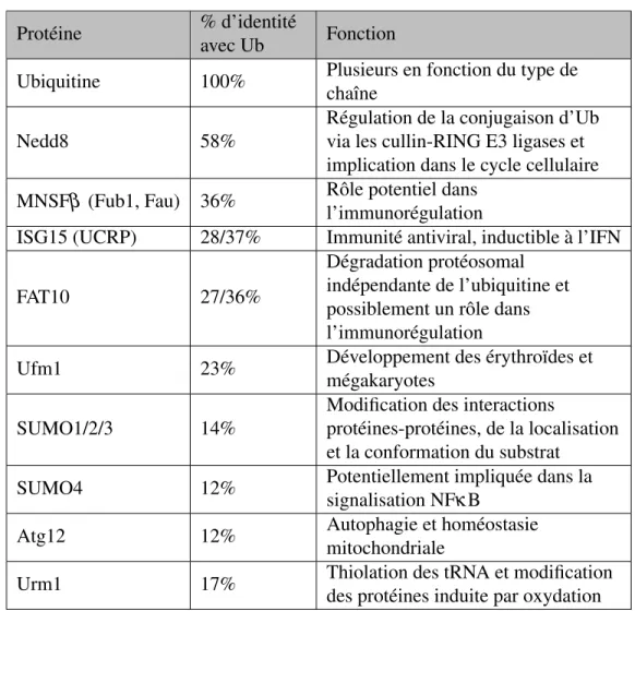 Tableau 1.1 – Les différents membres de la famille des Ubl