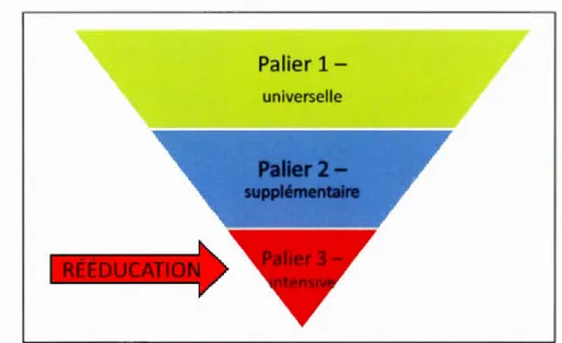 Figure  2.1  :  Modèle  d ' intervention  à  trois  paliers  pour  l ' enseignement  de  la  lecture  (inspiré  de Vaughn  et  al