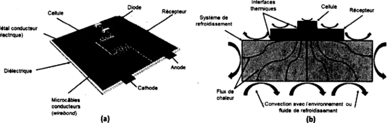 Figure  1.4  Schématisation  du  récepteur illustrant  la cellule et  les composantes  électriques  (a)  ainsi  qu’une  vue  en  coupe  de  la  distribution  de  la  chaleur  d ’un  récepteur  (b)  Source  (Image  (a))  :  Osvaldo  J