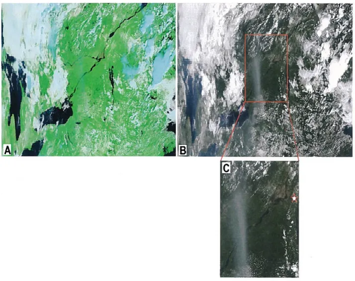 Figure 3.7 - Scène MODIS Terra du 20 juillet 2004 à 15h40. Vue générale de la zone en composition colorée des bandes (7 2 et 1): imagette A; et en couleur vraie (bandes 1, 4 et 3): imagette B 