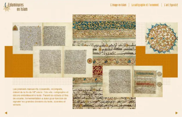 Figure 1 : Écran-cimaise de l'exposition virtuelle Enluminures en Islam. 