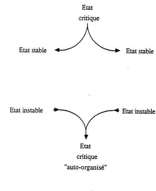 Figure 1.1: Alors que classiquement l'état critique apparaît comme la  séparation fragile entre deux états stables (haut), il est possible de considérer  des situations physiques où l'état critique est un attracteur de la dynamique du  système (bas)