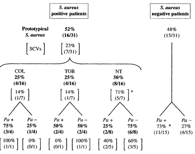 Fig. 1.  Proportion of  CF patients  colonized by  prototypical  S. aureus  isolates and  SCVs  as  a  function  of  antibiotic  treatment  and presence  of  P