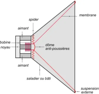 Figure I.1.2 – Schéma d’un haut-parleur. Les parties mobiles sont in- in-diquées en rouge a .