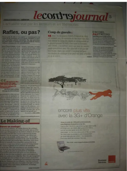 Illustration n°2 : la rubrique du Contre Journal dans Libération (mardi 15 octobre 2007) 