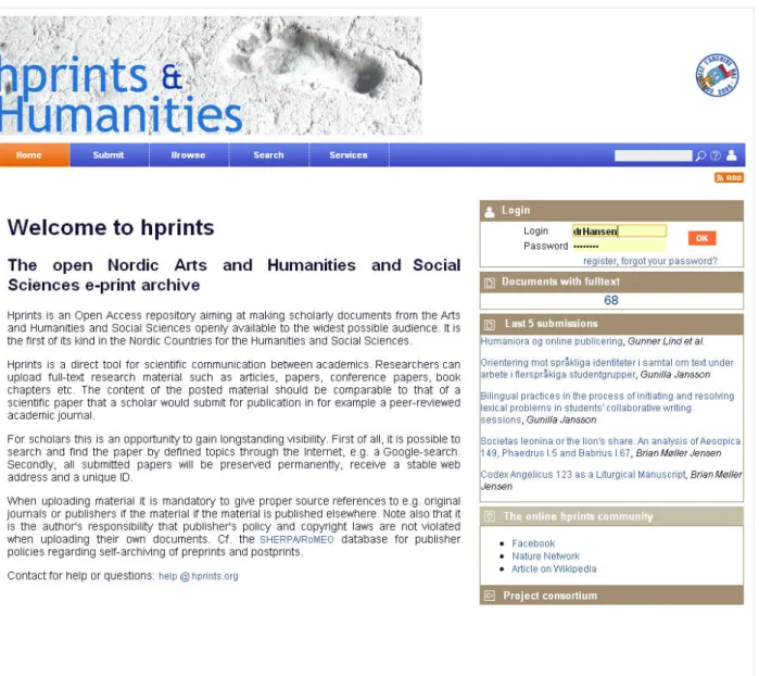 Figure 2: Front page of www.hprints.org. Users can download Open Access material without registering.