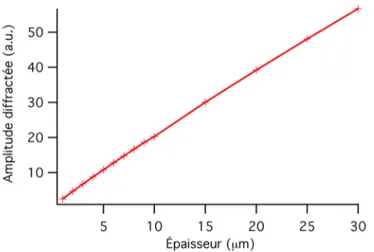 Figure 2. 16 : Amplitude diffractée dans l’approche de Lippmann en fonction de l’épaisseur du  matériau