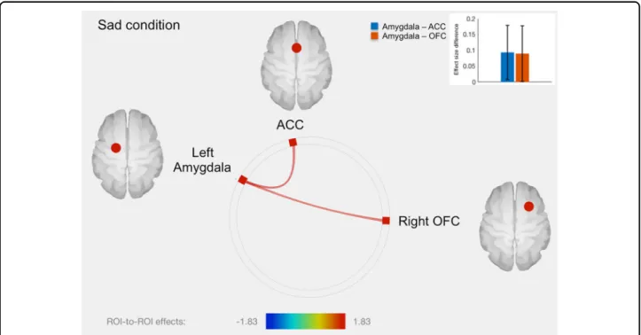 Fig. 2 Connectome ring representation of ROI-to-ROI connectivity between amygdala, anterior cingulate cortex (ACC), orbitofrontal cortex (OFC) and insula in the sad condition