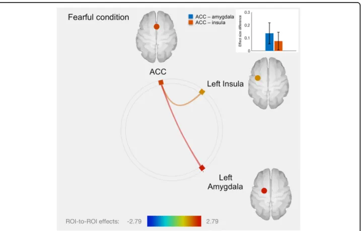 Fig. 3 Connectome ring representation of ROI-to-ROI connectivity between anterior cingulate cortex (ACC), left amygdala and insula in the fearful condition