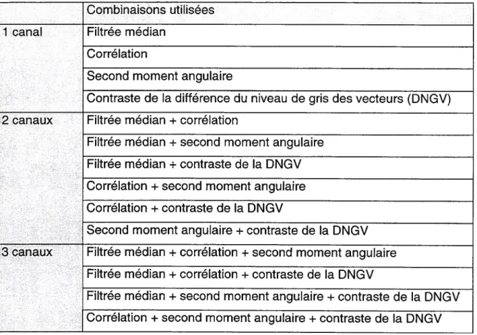 Tableau 3.1 : Combinaisons de canaux utilisées pour la classification de l’image radar.