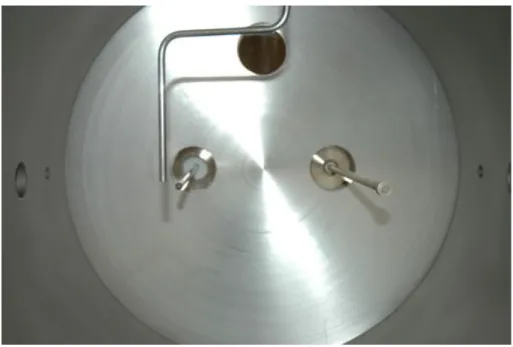 Figure 3.8: Filament probe (left) and planar probe (right) installed on the end panel of the thruster chamber.