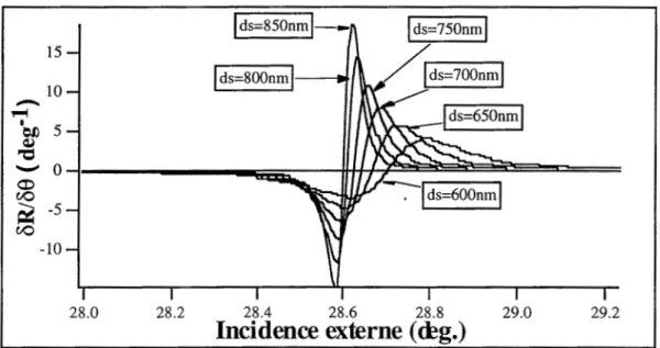 Figure I-19:  Représentation de la  réflectivité différentielle en fonction de l'incidence  externe pour différentes épaisseurs du milieu espace ur dsen fixant  l'épaisseur du  guide à 42 nm,  et l'indice ne à 1,333