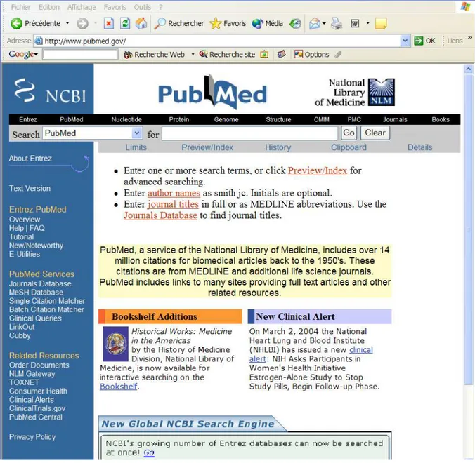 Figure  1:  Page  d’acceuil  de  PubMed.  Au  dessus  de  la  zone  de  saisie  de  l’équation  de 