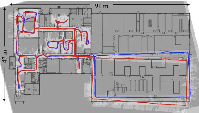 Figure 2.11 Global maps with (blue) and without (red) T . The maps are manually superimposed over the actual plan of the building.
