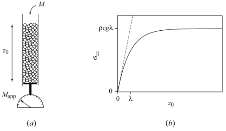 Fig. 1.8 – (a) Sch´ema de l’exp´erience de Janssen, (b) ´ Evolution de la contrainte verticale σ zz ressentie au fond de la colonne de grains en fonction de la hauteur