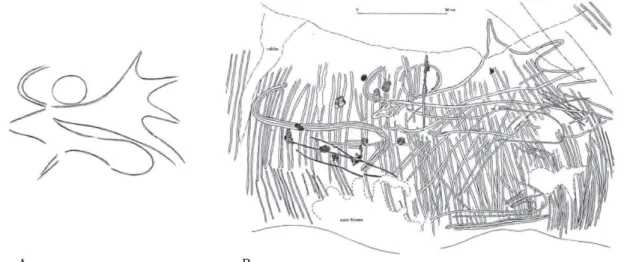 Figure 10 : Deux relevés du Mégacéros gravé de Pech-Merle. A. Celui de Breuil, B. Celui de Lorblanchet