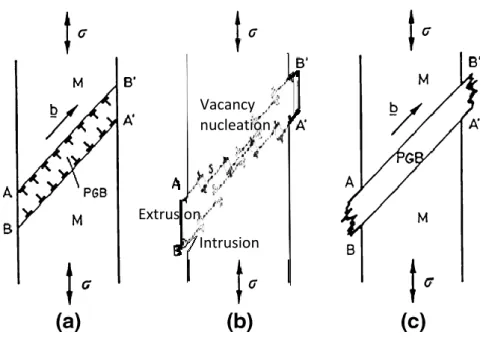 Fig.  II.3.  —Schematic  illustration  of  evolution  of  surface  relief  at  an  emerging  PSB  according  to  the  EGM/EGDM  model  (part  I  and  part  II),  from  [Mughrabi  1984]:  (a)  interfacial  dislocations  accumulate  at  PSB-matrix  interface