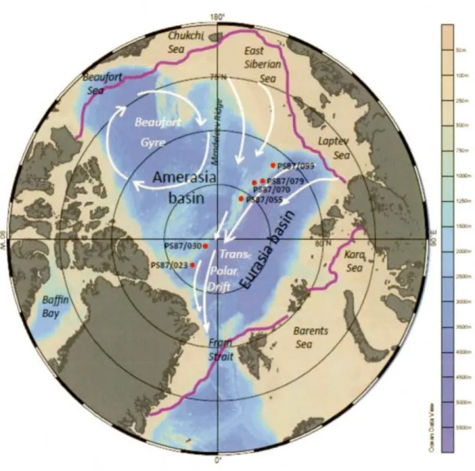 Figure  1.1  Map  of  the  Arctic  Ocean  based  on  the  International  bathymetric  chart  of  the  A r ctic  Ocean  (IBCAO)  featuring  the 