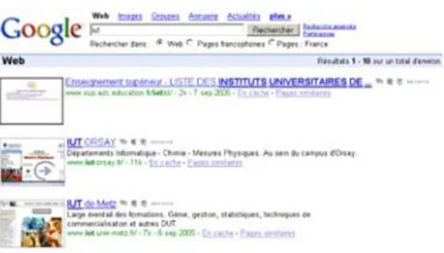 Figure 5 : Prévisualisations de pages web après une recherche sur Google. Toutes les pages  correspondant à la recherche s'affichent en vignette dans la zone gauche