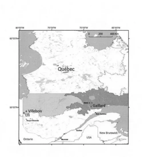 Figure 2 . 1 Les trois  sites  à l'étude  au  sein de la pessière noire à  mousses du  Québec  (pessière de  l'est et pessière de l'ouest) (Saucier  et al .,  2009) 