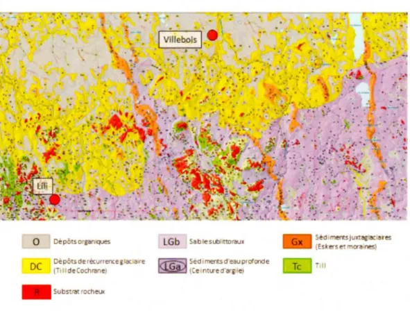 Figure  2.3  Carte des dépôts de  surface  de  la  région de Val-Paradis avec  l es  deux sites  d ' étude  localisés  dans  les  ba sses- terres  de  l '  Abitibi  et  de  la  baie  James  (modifié  de  GRES-UQAT ,  2013)