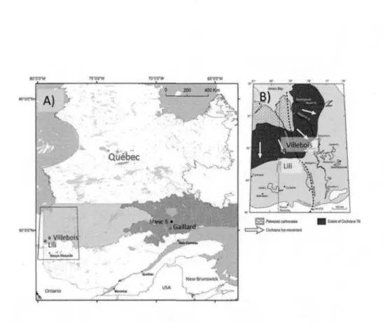 Figure 4.1  A) The three study sites location within the black spruce-moss bioclimatic  domain  (East and West)  (Saucier  et al