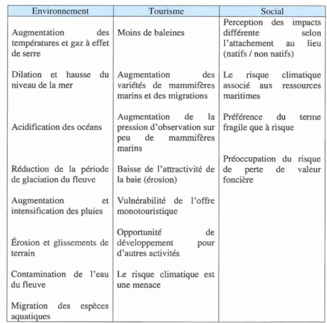 Tableau  6.4 Résumé des  impacts et perceptions du  risque climatique sur l'espace  environnemental  1  touristique  1  social  de Tadoussac 