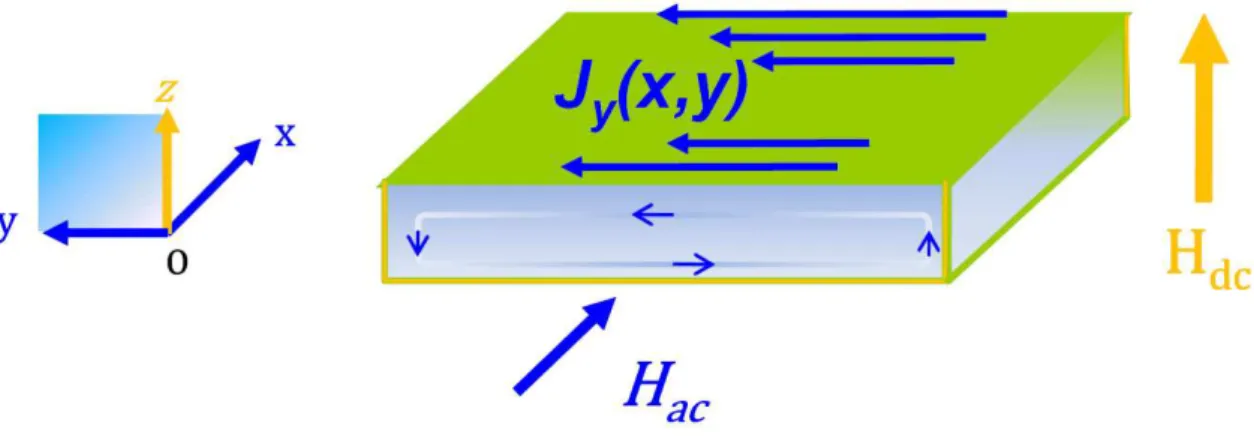 Figure 2.14: Field configuration: dc magnetic field is applied along the z-axis; The modulation field H ac is applied along the x-axis.