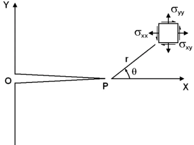 Figure 1.4: Stress field in the vicinity of the crack tip P.