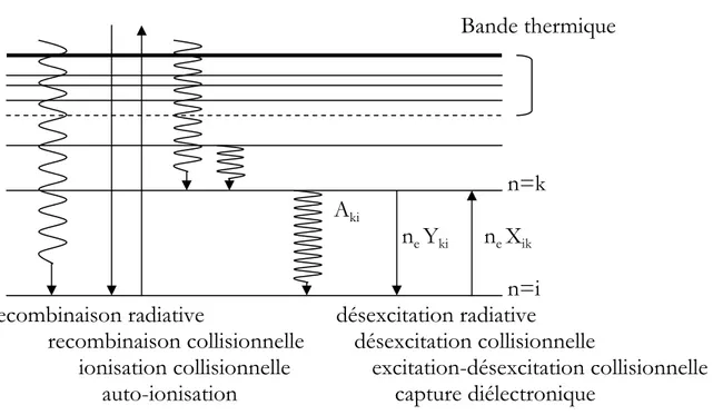 Figure I-13 : Représentation schématique des processus intervenant dans les  modèles collisionnels radiatifs (cas optiquement mince)