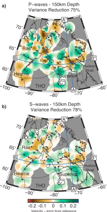 Figure 9. The P and S wave inversion depth slices at 150-km depth. Both models reveal broadly similar structure