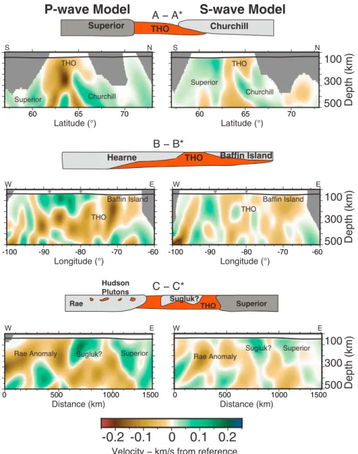 Figure 10. Lithospheric cross-sections for both P and S wave inversions along proﬁles deﬁned in Figure 9