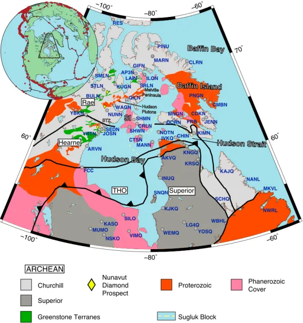 Figure 1. Geological map of Hudson Bay and surrounding areas with Archean material in shades of gray with later