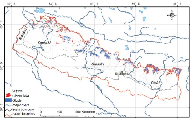 Figure 2.2 Emplacement des glaciers et des lacs glaciaires au Népal (tiré de : ICIMOD, 2011, p