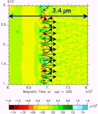 Figure 2.11.   Champ magnétique de -160 à 160 MG dans une région   proche de la surface d'interaction (< 1 µm)
