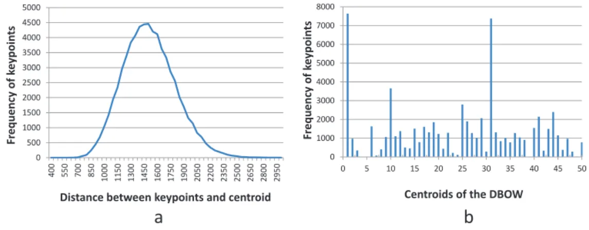 Figure 3.7: Distribution of Difference vectors in a Voronoi cell: (a) magnitude of Difference vectors, (b) quantized over a 50-centroid global difference dictionary